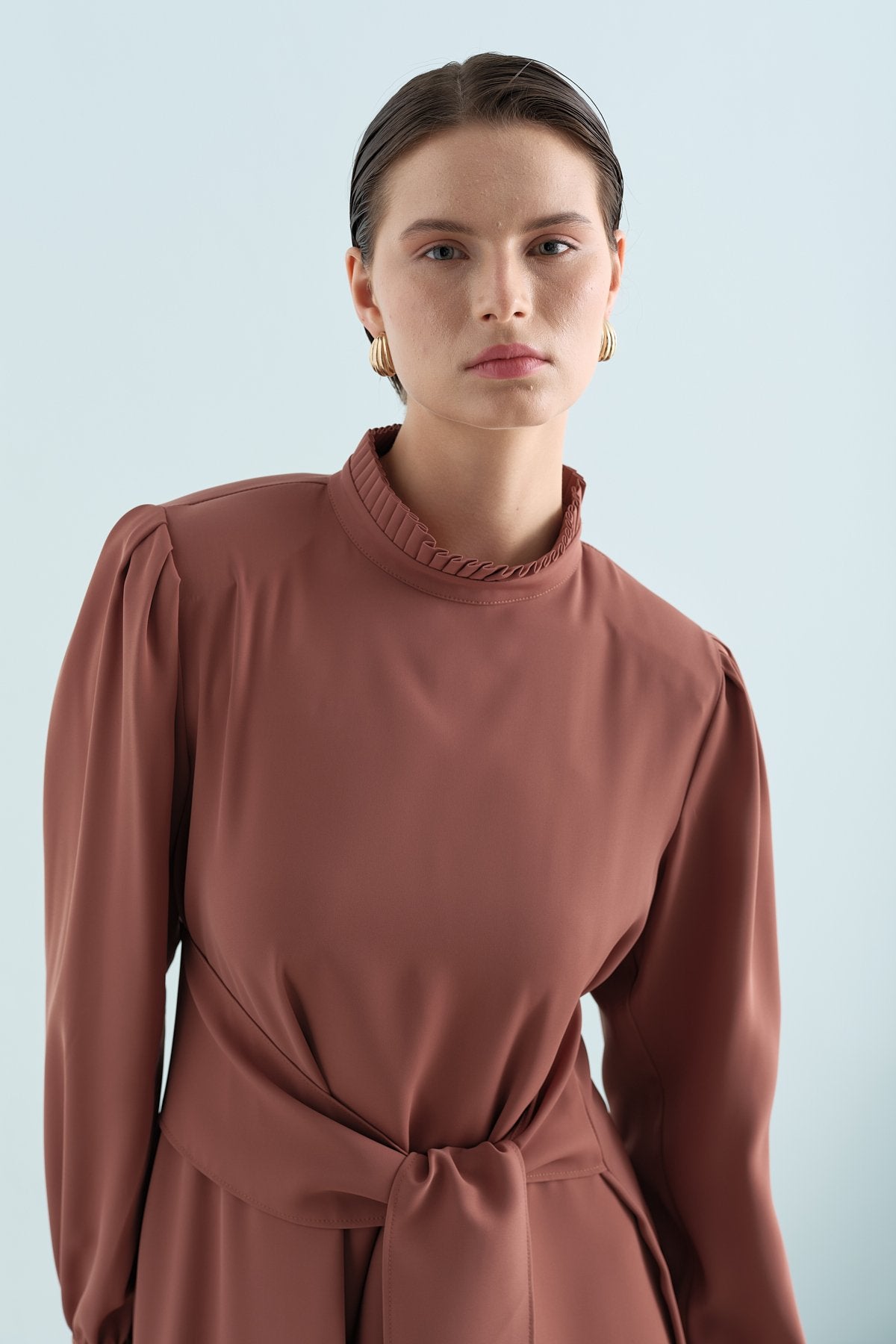 Elegant Dress with Pleat Details - Light Brown