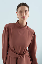 Elegant Dress with Pleat Details - Light Brown