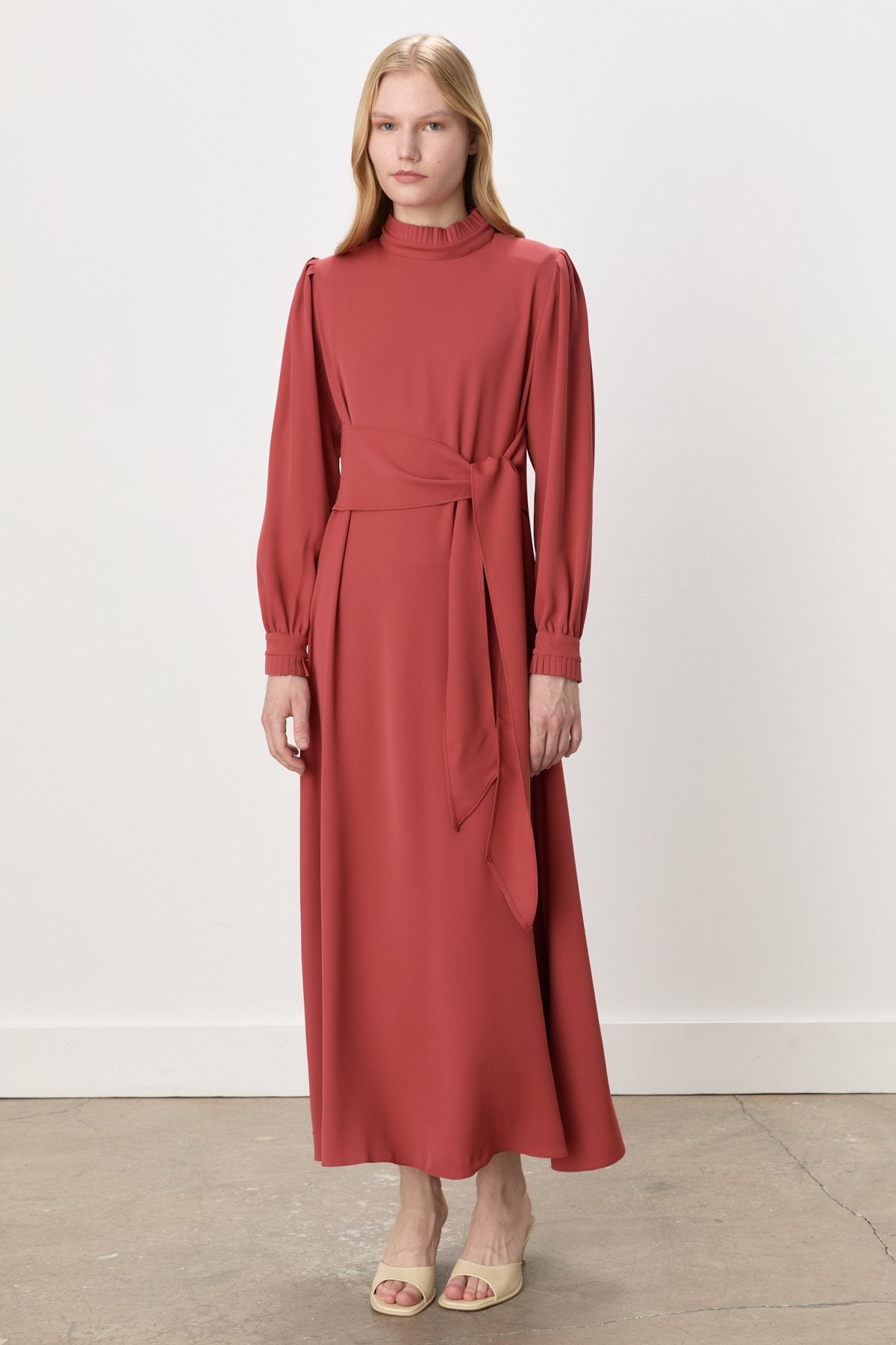 Elegant Dress with Pleat Details - Terracotta