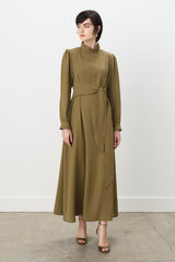 Pile Detaylı Şık Elbise - Olive