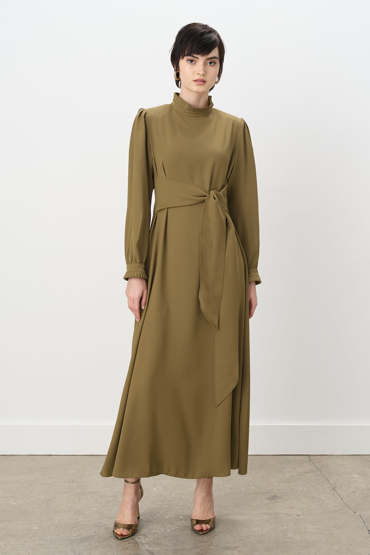 Pile Detaylı Şık Elbise - Olive