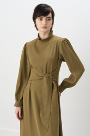 Pile Detaylı Şık Elbise - Olive