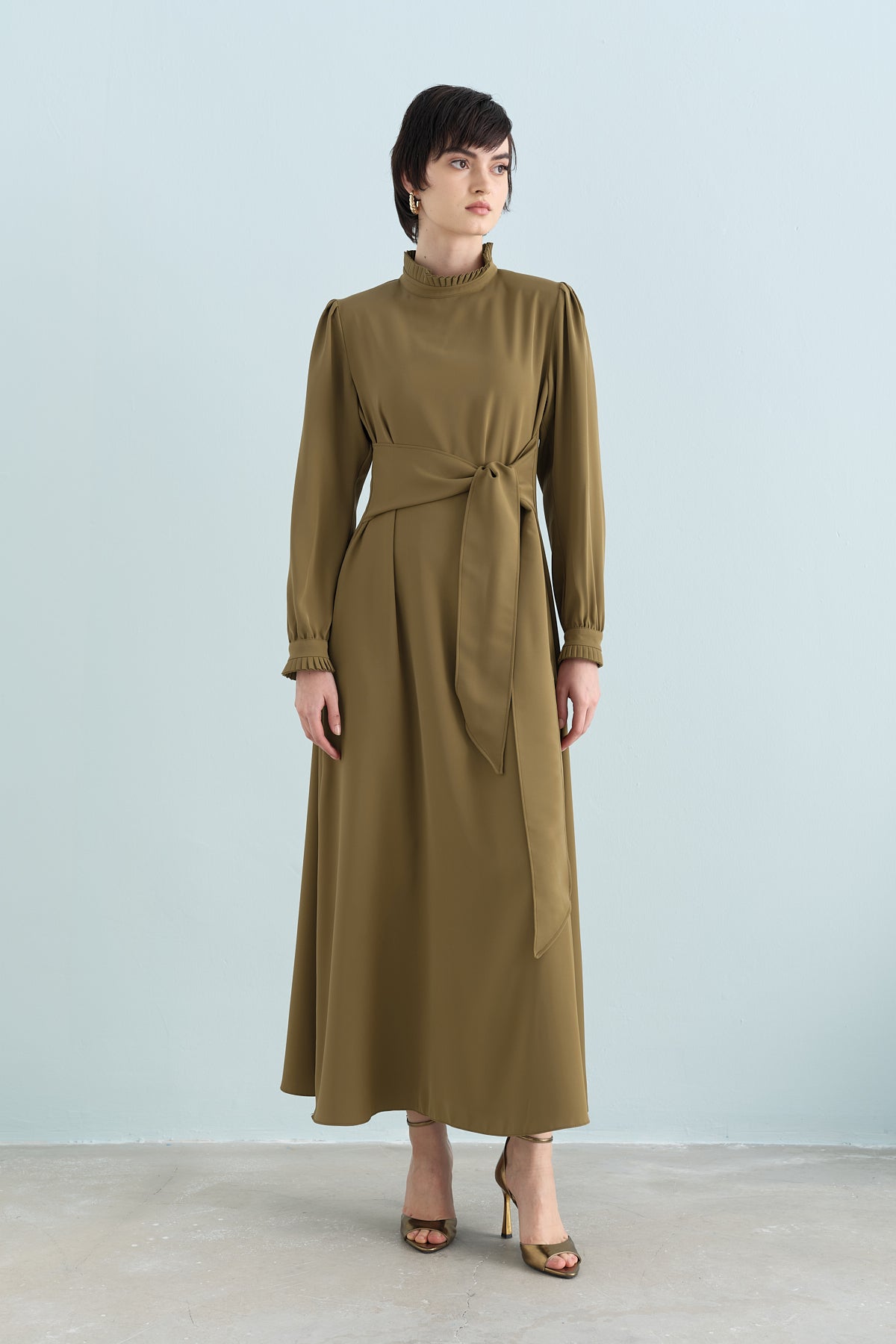 Pile Detaylı Şık Elbise - Olive
