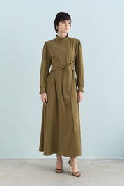 Pile Detaylı Şık Elbise - Olive