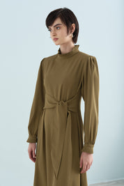Pile Detaylı Şık Elbise - Olive