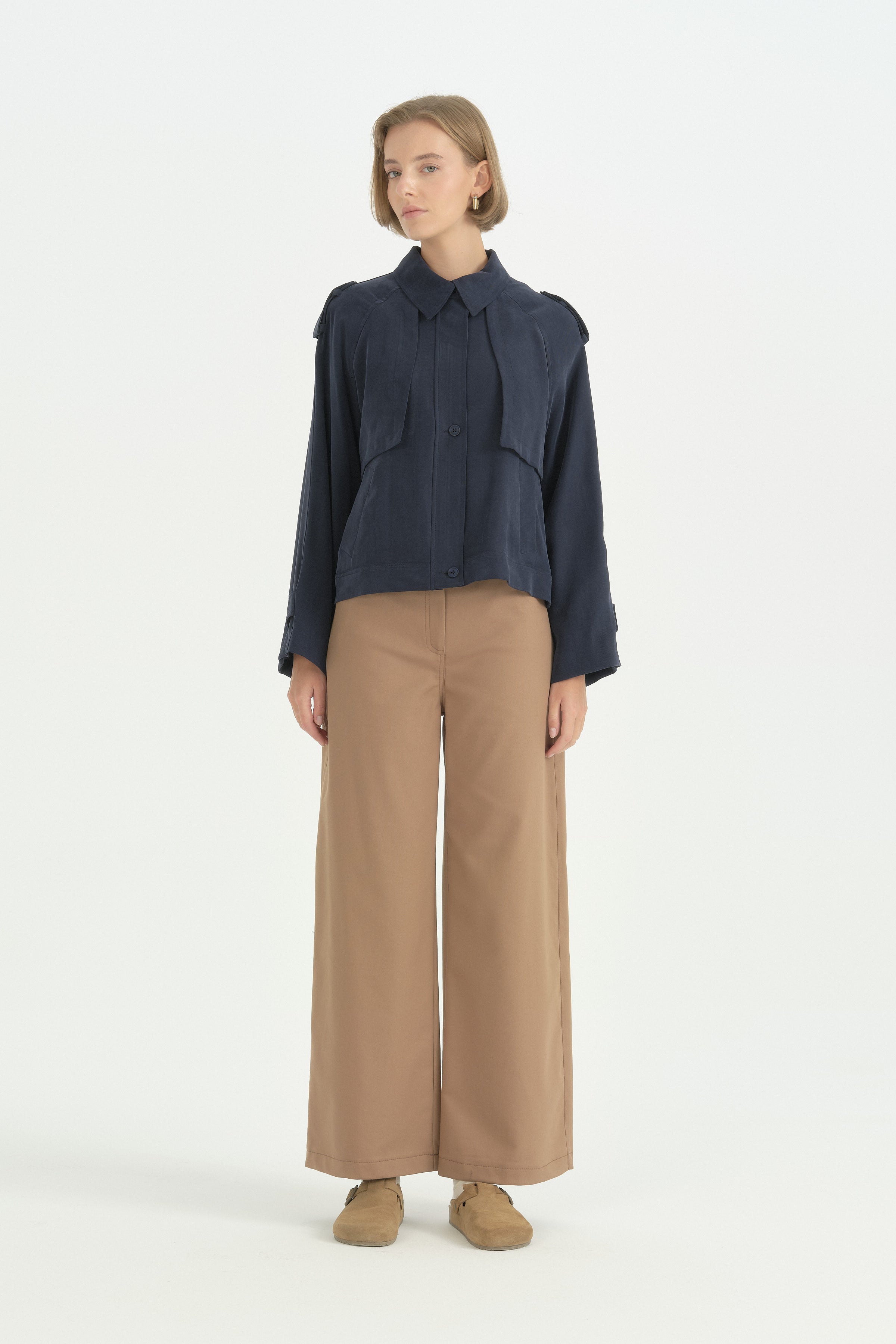 Pile Fermuar Detaylı Crop Ceket - Lacivert