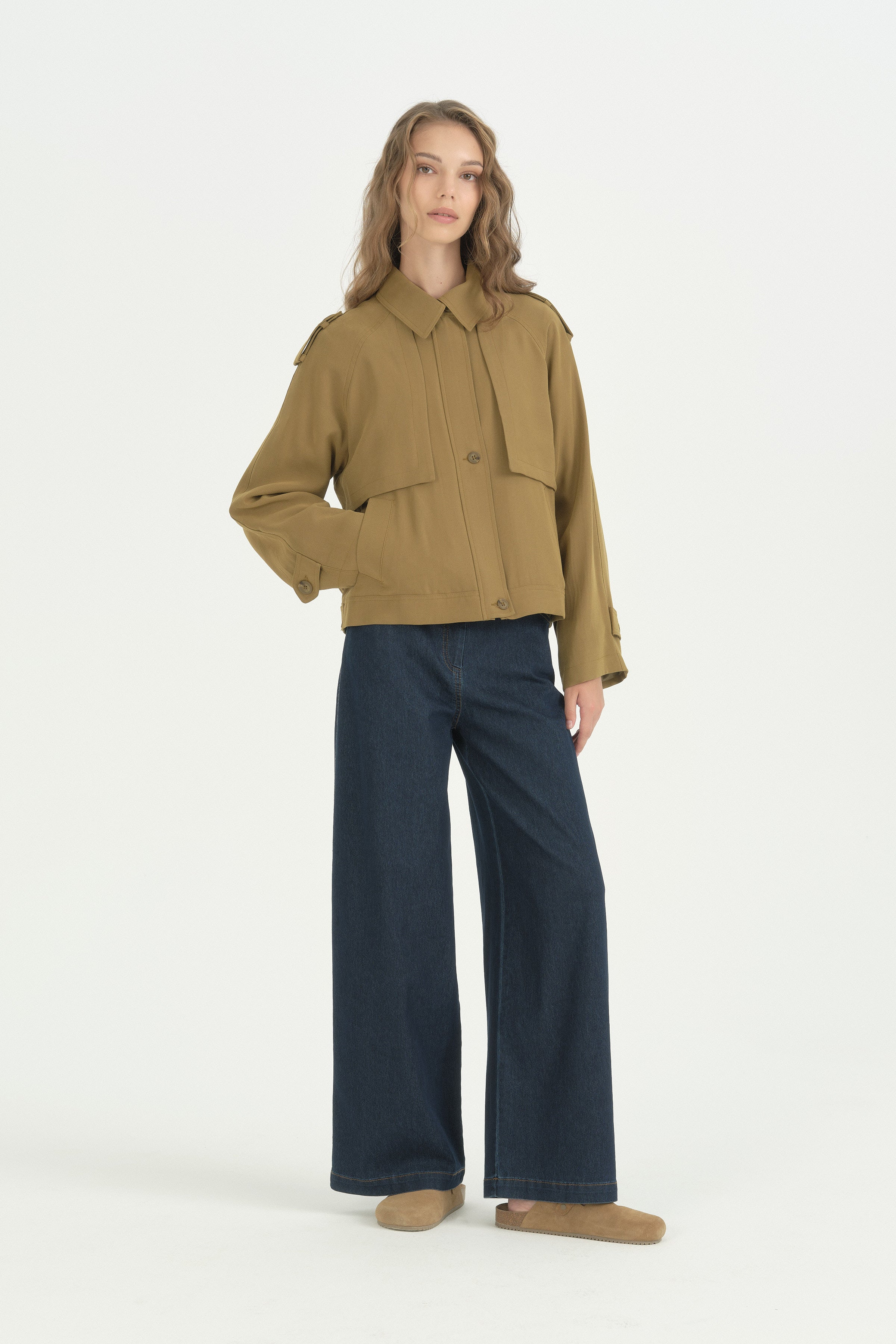 Pile Fermuar Detaylı Crop Ceket - Olive