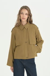 Pile Fermuar Detaylı Crop Ceket - Olive