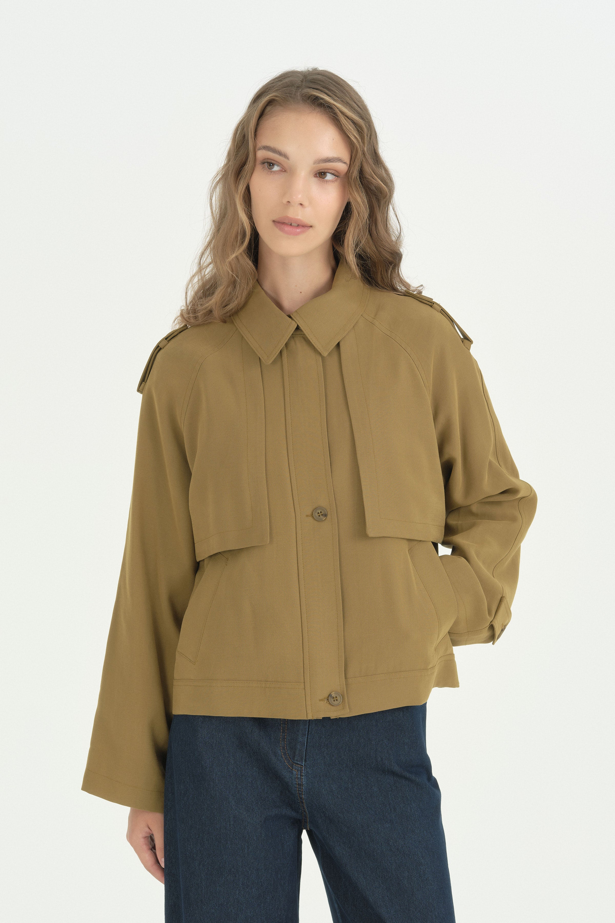 Pile Fermuar Detaylı Crop Ceket - Olive