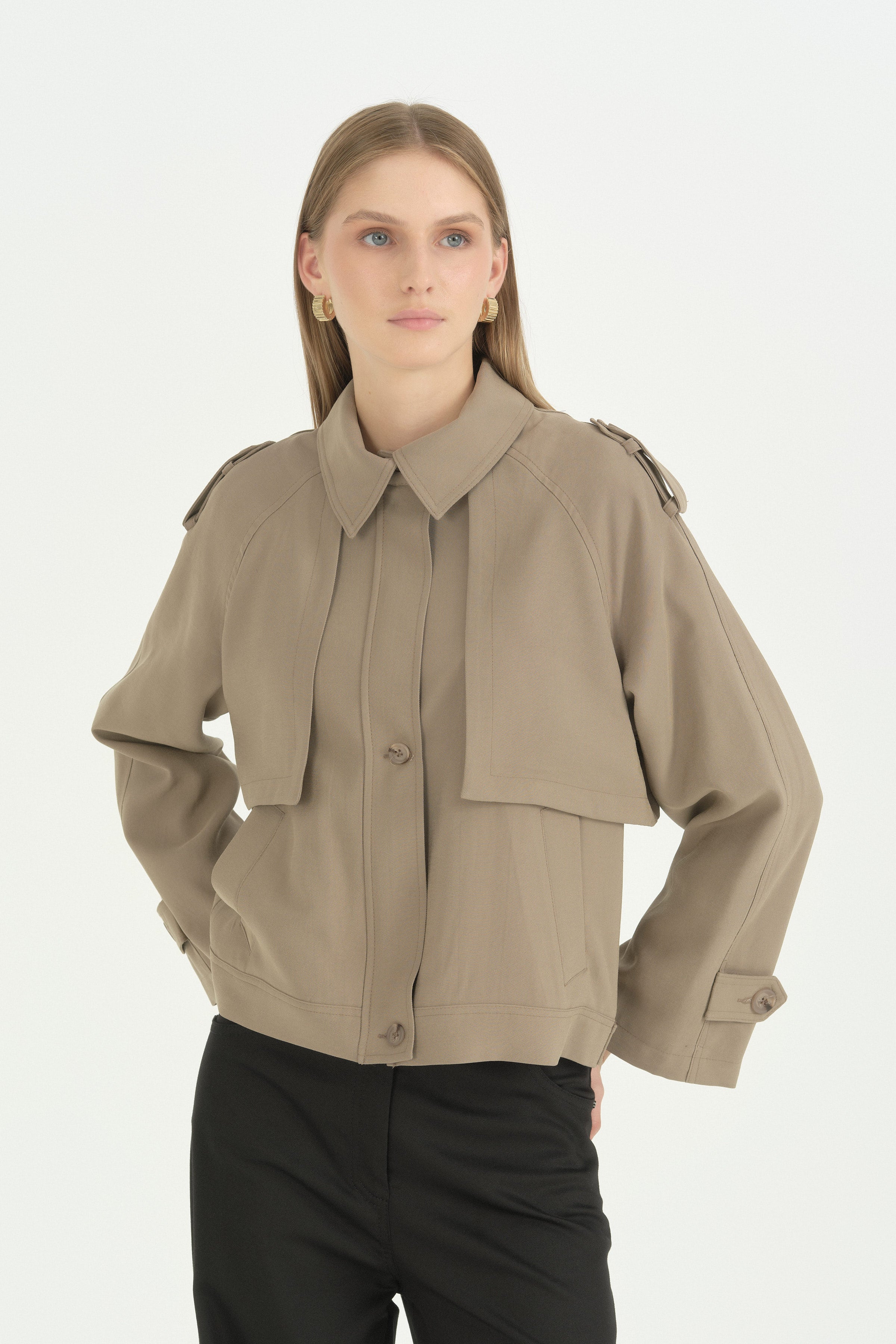 Pile Fermuar Detaylı Crop Ceket - Vizon