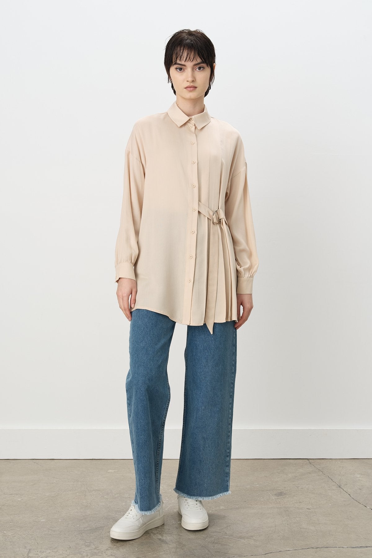 Pile ve Kemer Detaylı Tencel Tunik - Bej