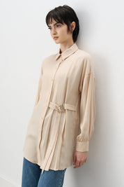 Tencel Tunic with Pleats and Belt Detail - Beige