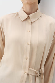 Tencel Tunic with Pleats and Belt Detail - Beige