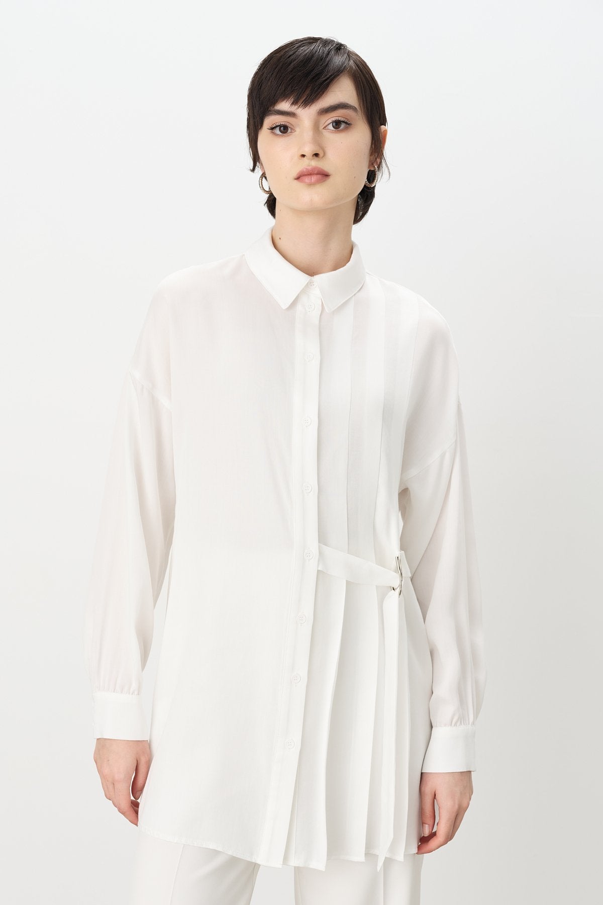 Pile ve Kemer Detaylı Tencel Tunik - Ekru