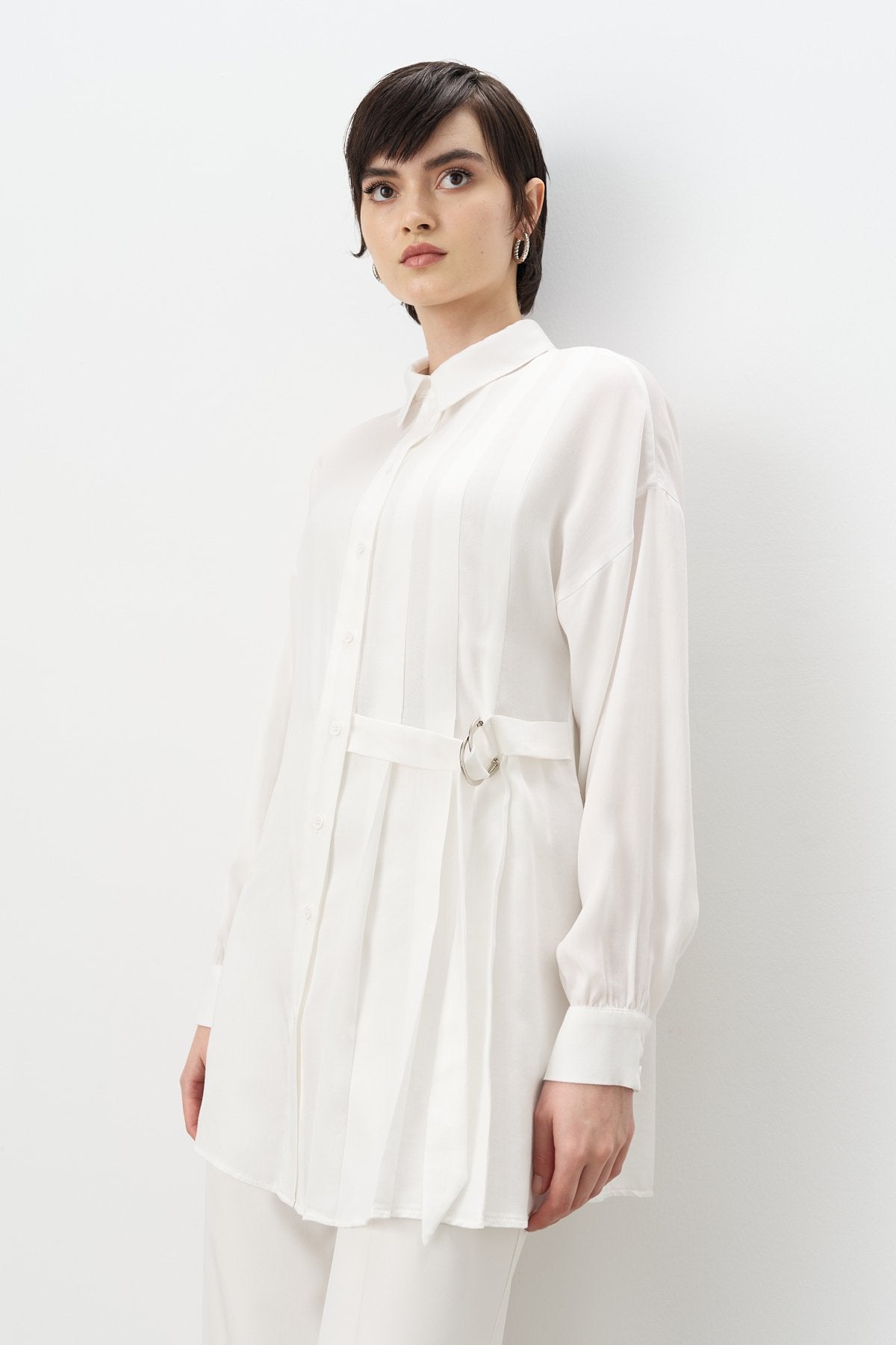 Pile ve Kemer Detaylı Tencel Tunik - Ekru