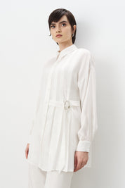 Pile ve Kemer Detaylı Tencel Tunik - Ekru