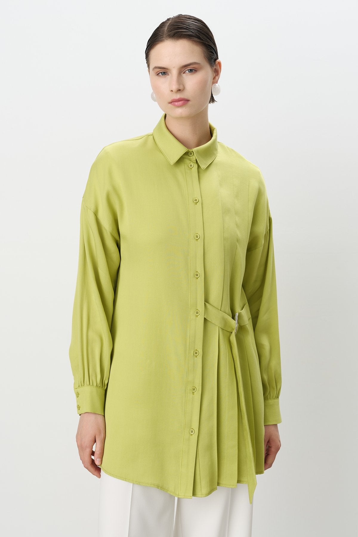 Pile ve Kemer Detaylı Tencel Tunik - Fıstık Yeşili