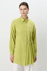 Pile ve Kemer Detaylı Tencel Tunik - Fıstık Yeşili