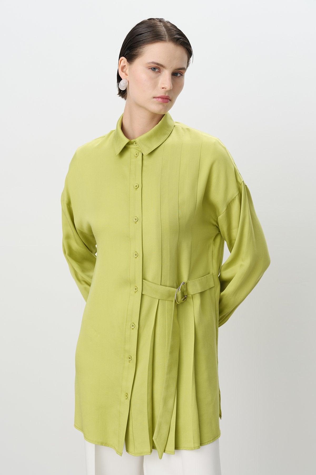 Pile ve Kemer Detaylı Tencel Tunik - Fıstık Yeşili