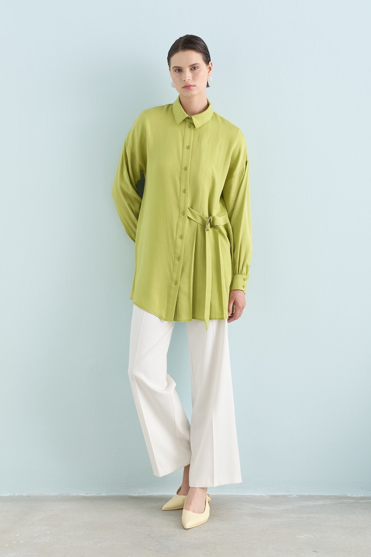 Pile ve Kemer Detaylı Tencel Tunik - Fıstık Yeşili