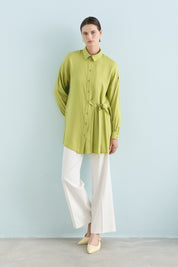 Pile ve Kemer Detaylı Tencel Tunik - Fıstık Yeşili
