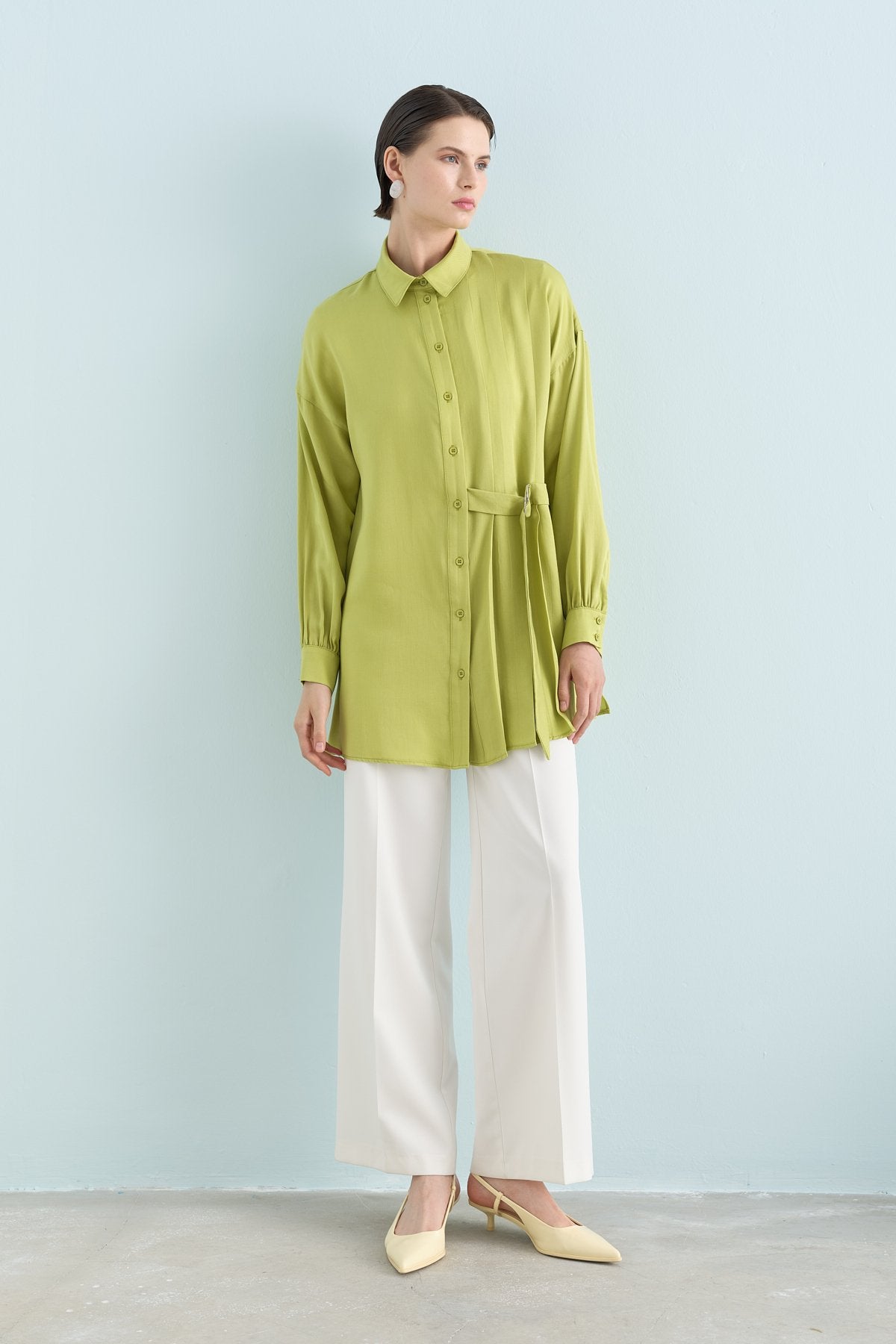 Pile ve Kemer Detaylı Tencel Tunik - Fıstık Yeşili