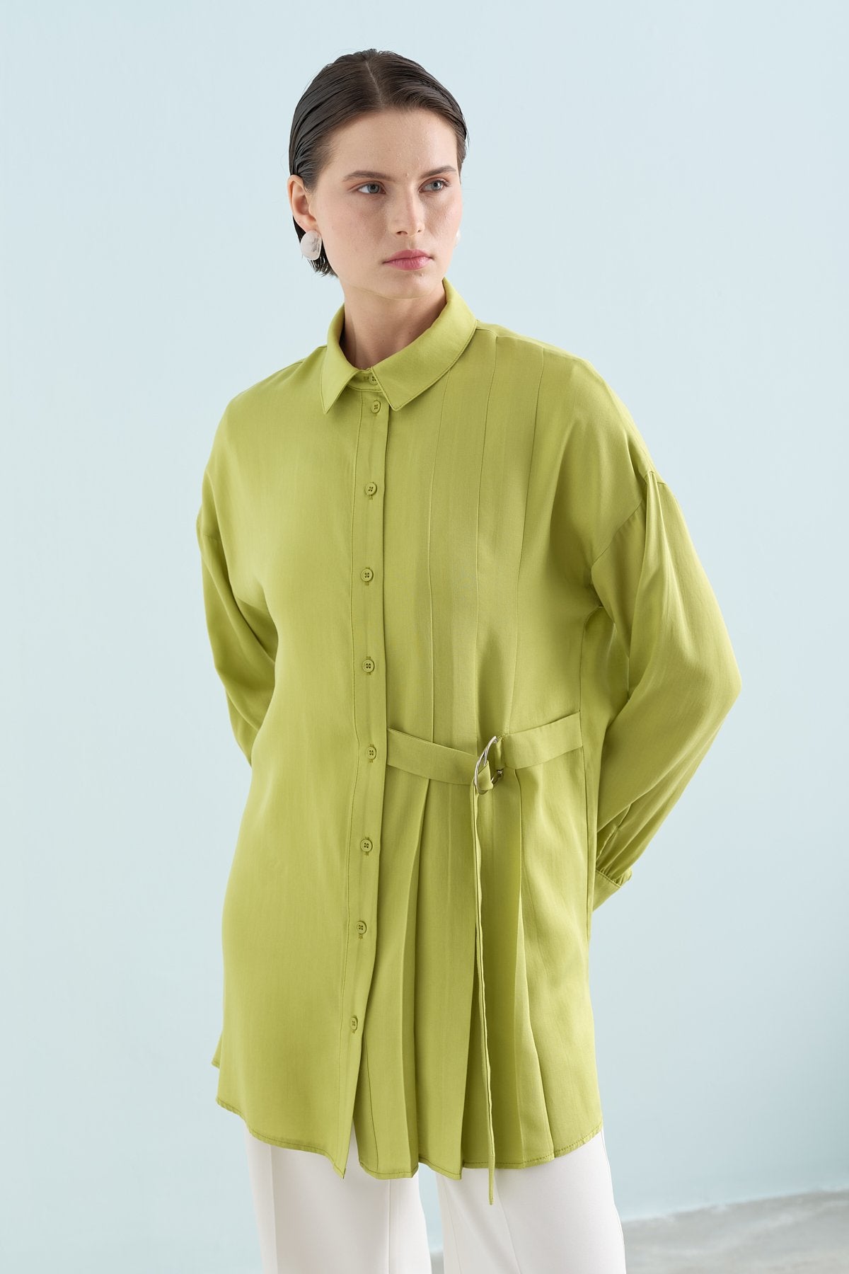 Pile ve Kemer Detaylı Tencel Tunik - Fıstık Yeşili