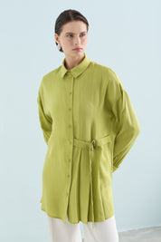 Pile ve Kemer Detaylı Tencel Tunik - Fıstık Yeşili
