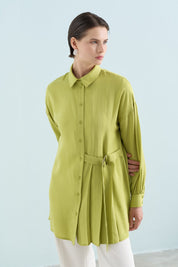 Pile ve Kemer Detaylı Tencel Tunik - Fıstık Yeşili