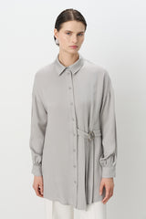 Pile ve Kemer Detaylı Tencel Tunik - Gri