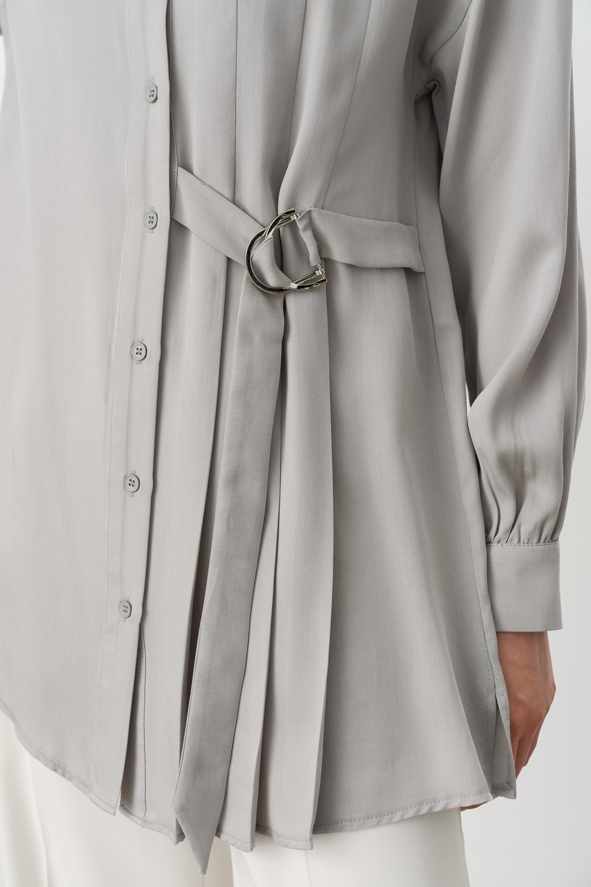 Pile ve Kemer Detaylı Tencel Tunik - Gri