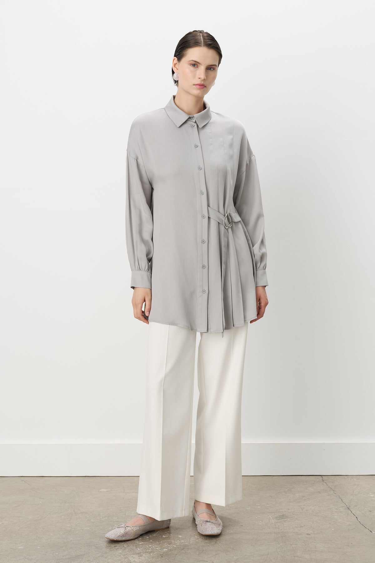 Pile ve Kemer Detaylı Tencel Tunik - Gri