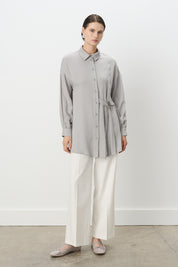 Pile ve Kemer Detaylı Tencel Tunik - Gri