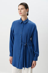Pile ve Kemer Detaylı Tencel Tunik - İndigo