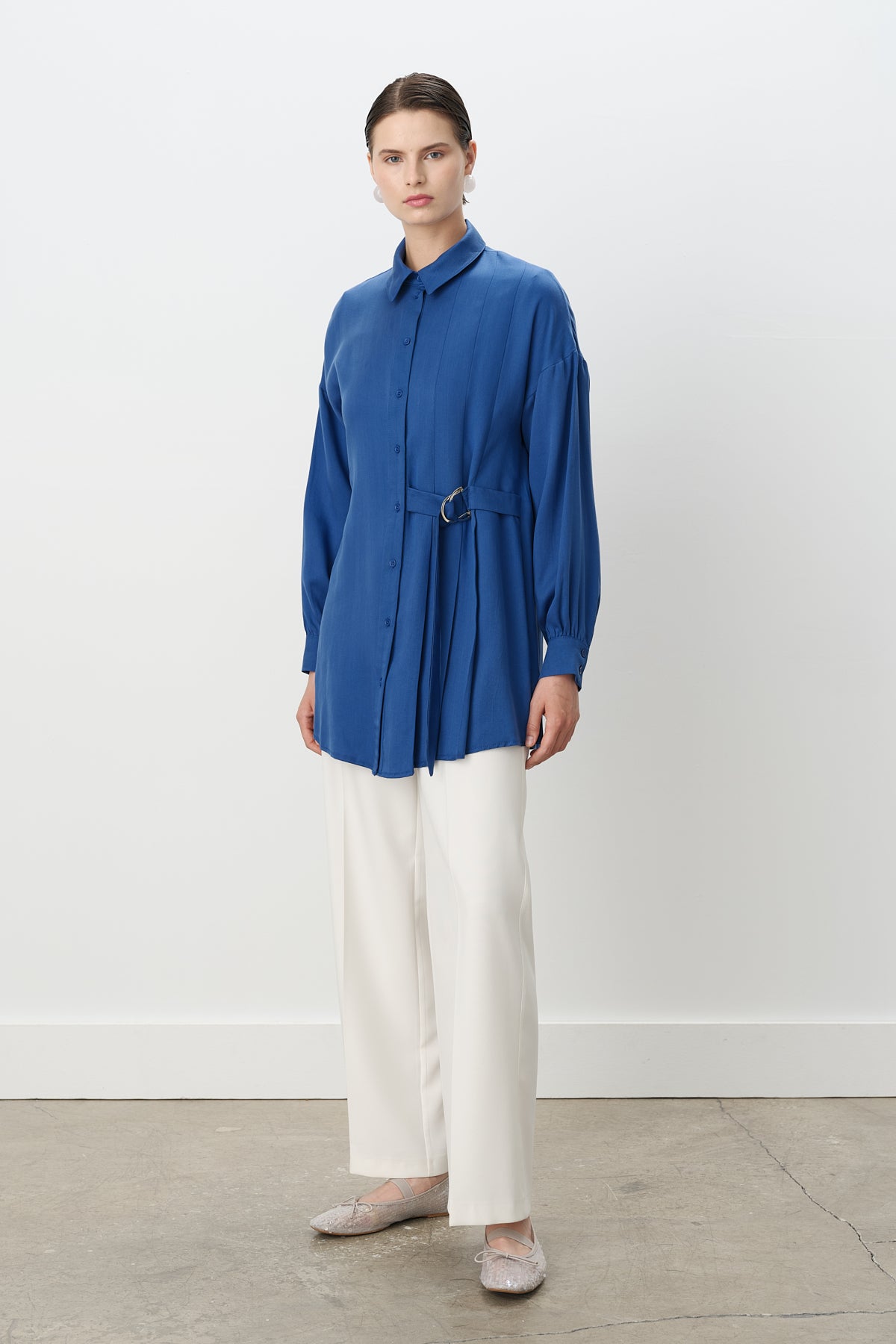 Pile ve Kemer Detaylı Tencel Tunik - İndigo