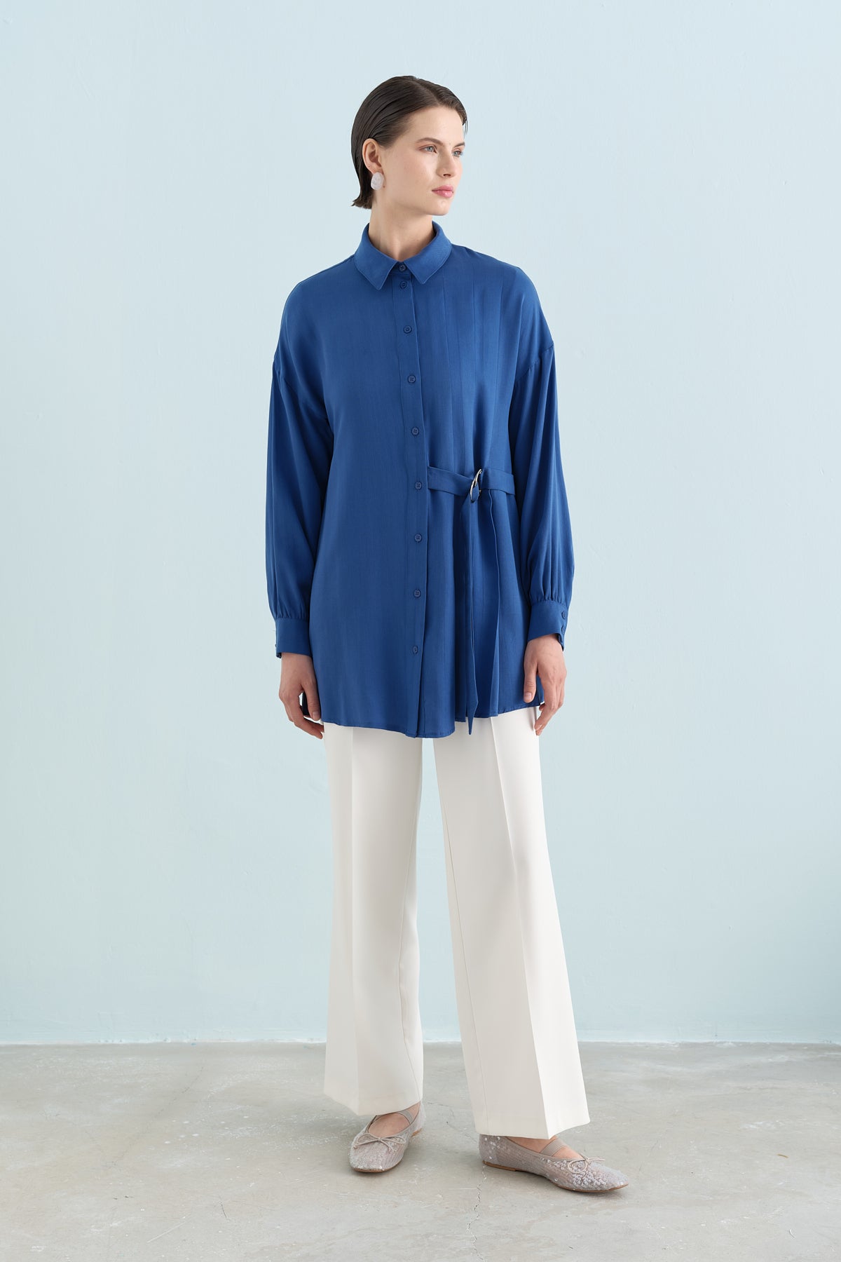 Pile ve Kemer Detaylı Tencel Tunik - İndigo