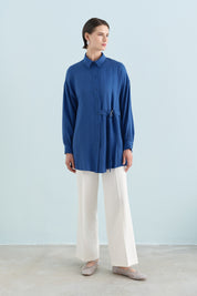 Pile ve Kemer Detaylı Tencel Tunik - İndigo