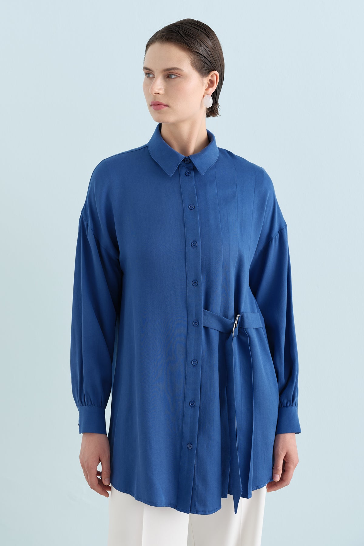Pile ve Kemer Detaylı Tencel Tunik - İndigo