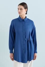 Pile ve Kemer Detaylı Tencel Tunik - İndigo