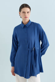 Pile ve Kemer Detaylı Tencel Tunik - İndigo