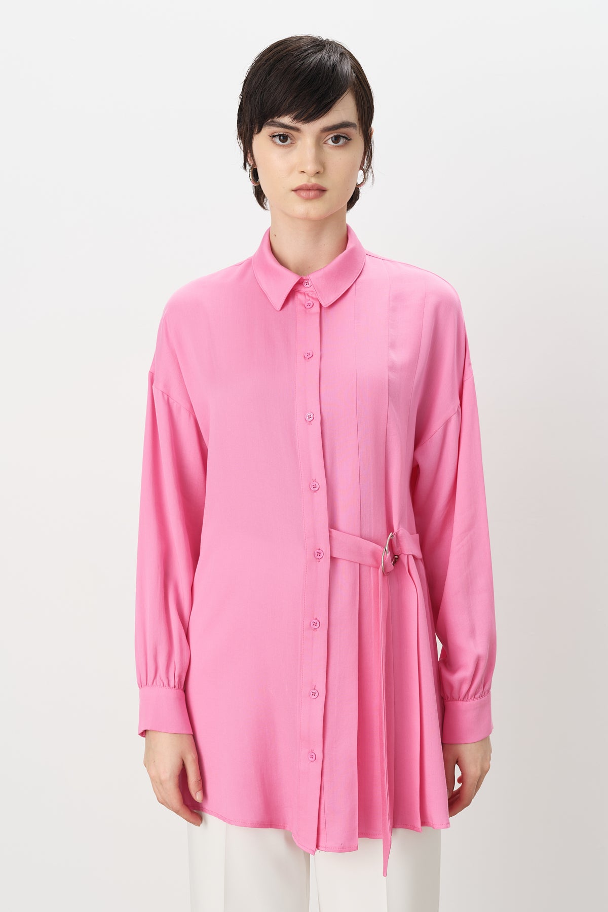 Pile ve Kemer Detaylı Tencel Tunik - Pembe