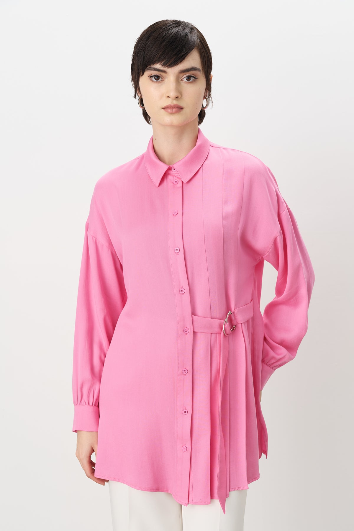 Pile ve Kemer Detaylı Tencel Tunik - Pembe