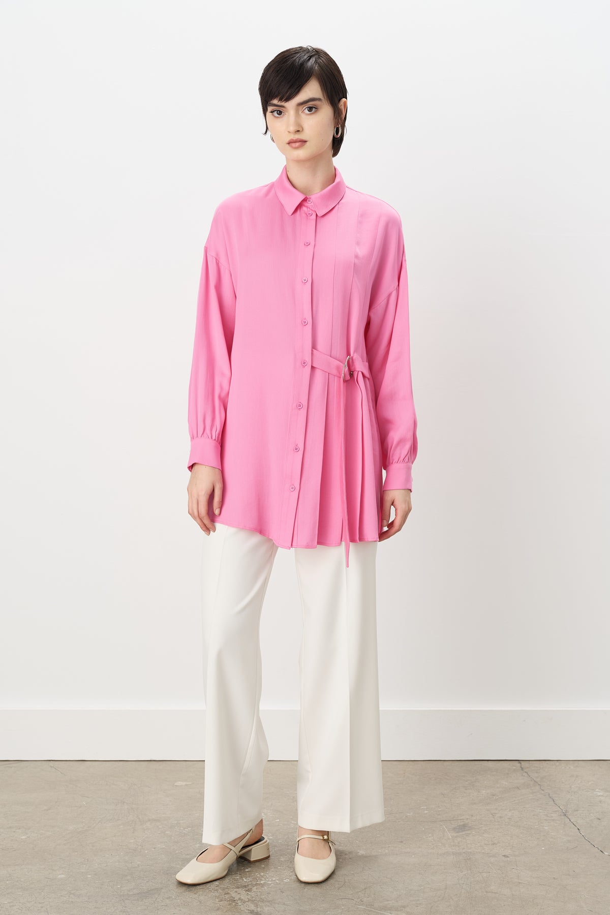 Pile ve Kemer Detaylı Tencel Tunik - Pembe