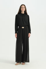 Pleated Wide-Leg Trousers with Metal Accessory - Black