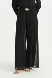 Pleated Wide-Leg Trousers with Metal Accessory - Black