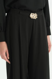 Pleated Wide-Leg Trousers with Metal Accessory - Black