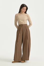 Pleated High-Waisted Lyocell Trousers - Coffee