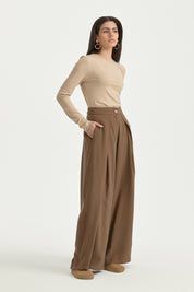 Pleated High-Waisted Lyocell Trousers - Coffee