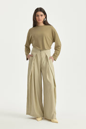 Pleated High-Waisted Lyocell Trousers - Thyme