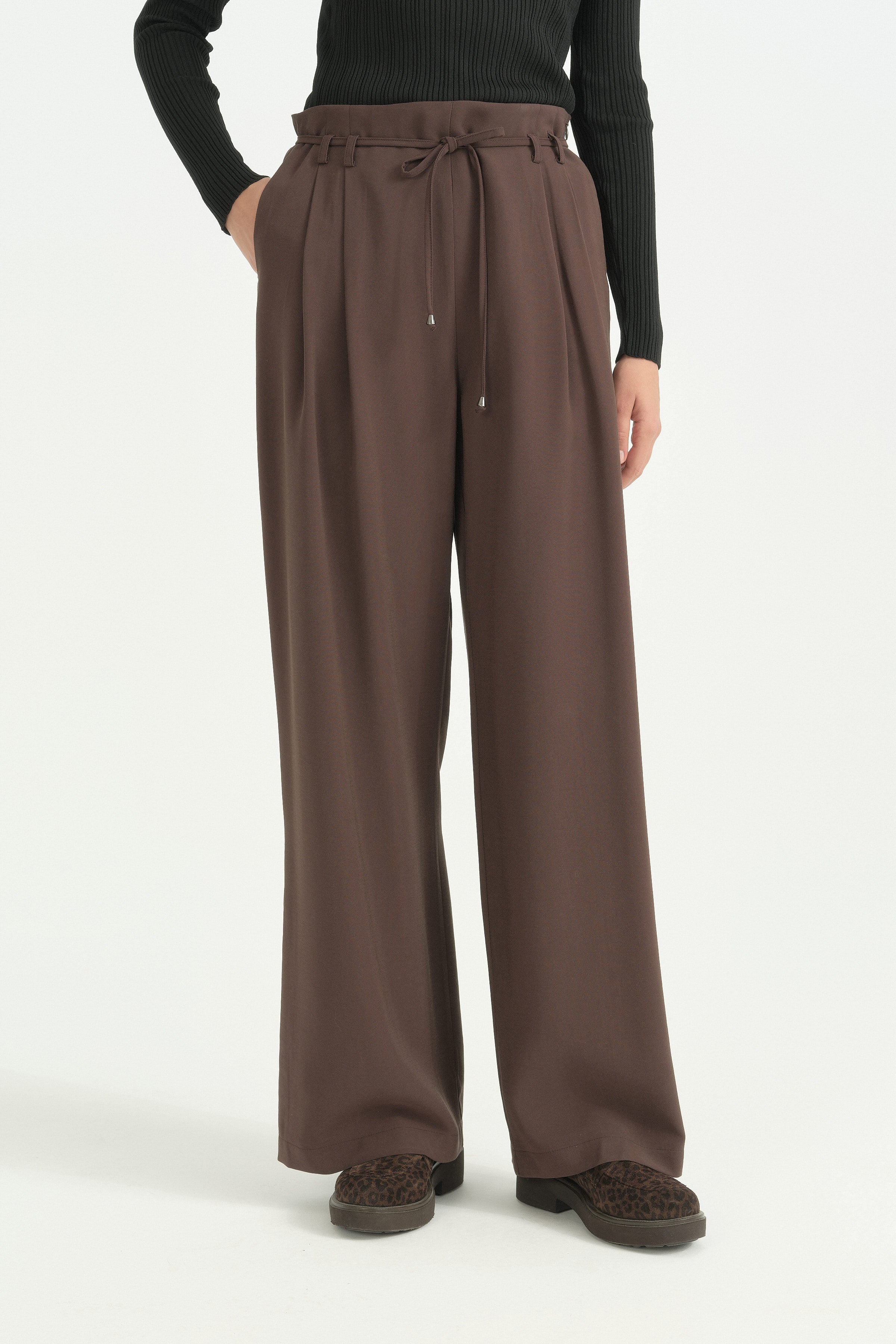 Pili Detaylı Bağcıklı Modal Pantolon - Kahve